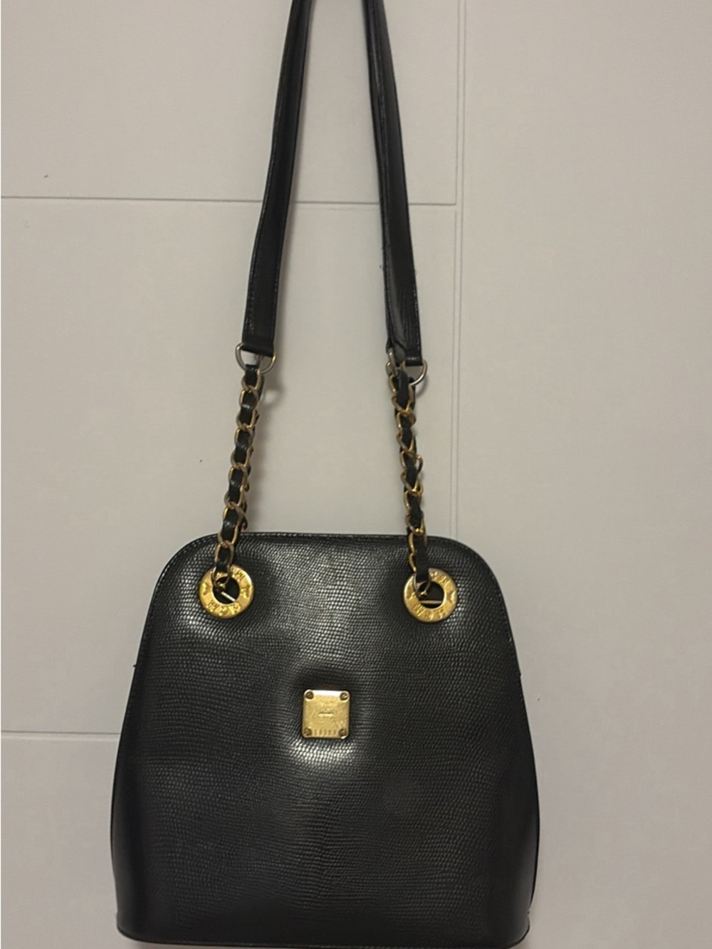 Vintage MCM Black Leather Shoulder Bag with Gold Hardware